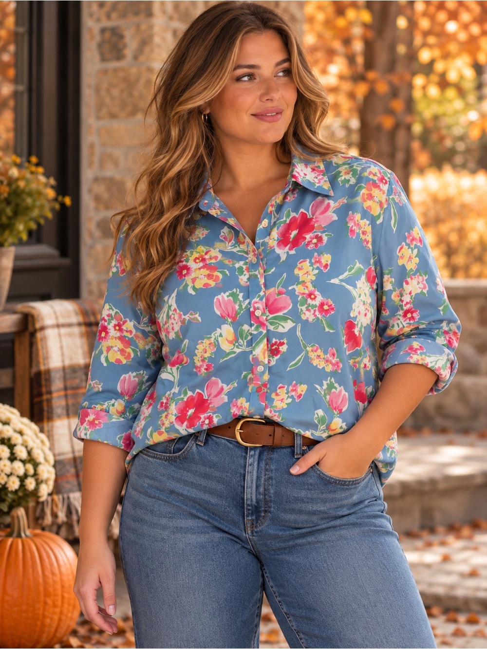 Chaps Blue Floral No Iron Button-Down Shirt